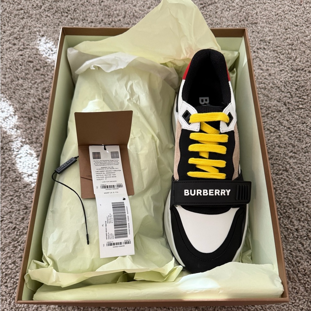 Burberry Black and White Sneakers with Vibrant Yellow Laces